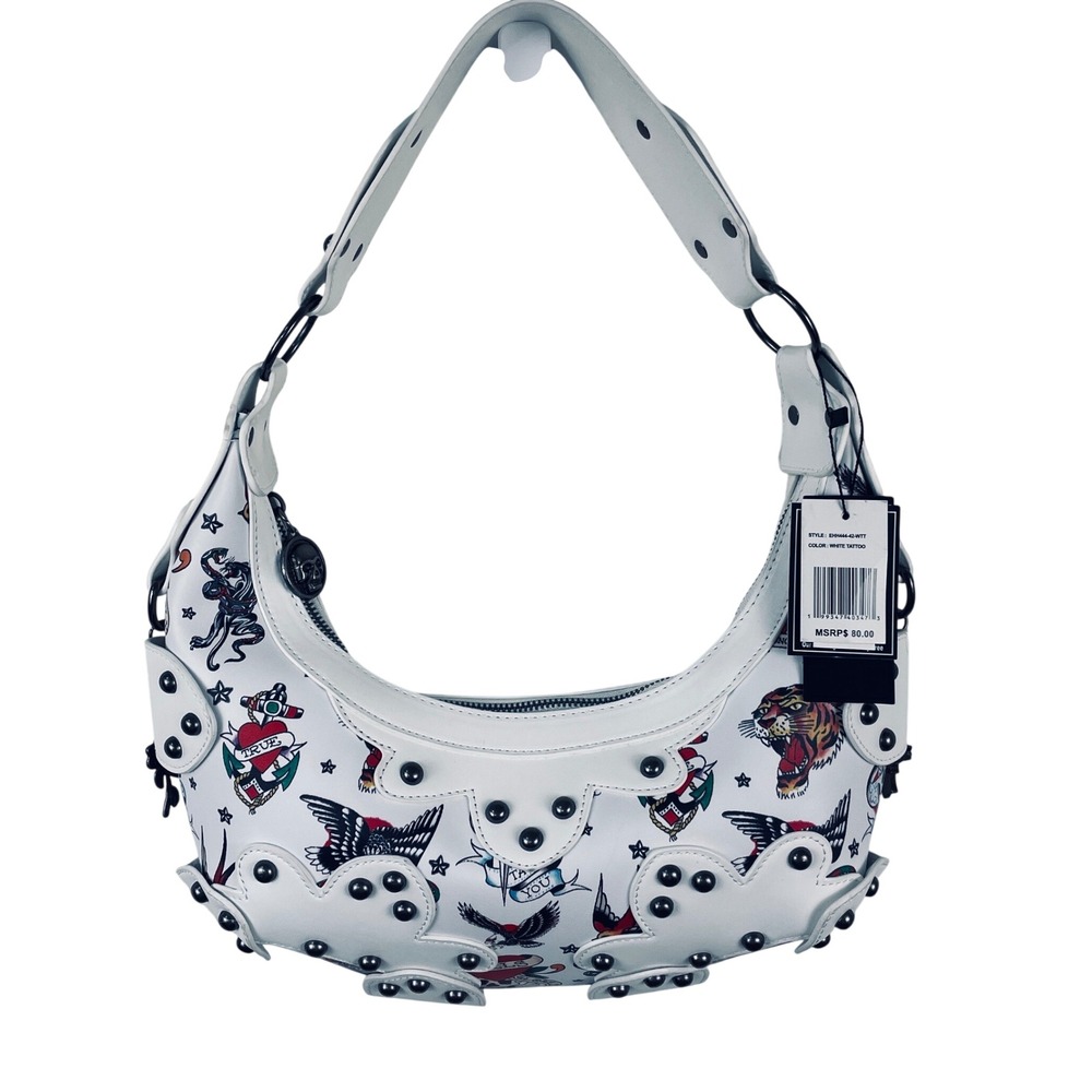 Ed Hardy White Tattoo Flash Studded Hobo Shoulder Bag NWT